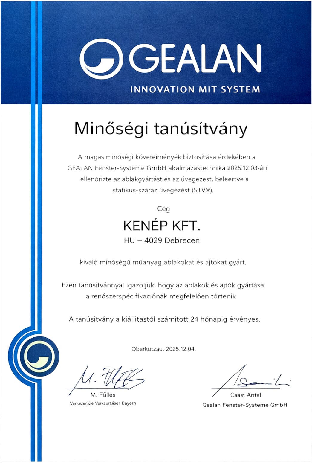 Gealan minőségi tanúsítvány – KENÉP Kft.